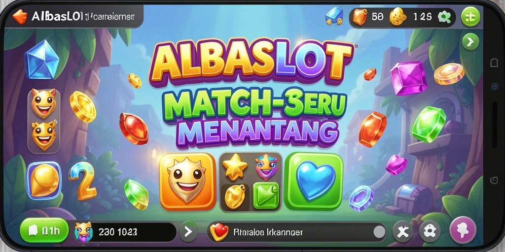 Tampilan gameplay seru dalam ALBASLOT dengan elemen Match-3 yang berwarna-warni.