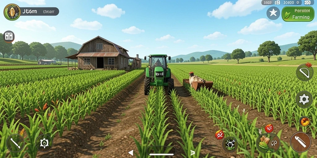 Tampilan screenshot <strong>JJ62</strong> menampilkan ladang subur dengan berbagai tanaman dan hewan.