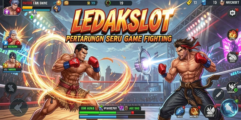 Tampilan gameplay menegangkan di LEDAKSLOT dengan karakter bertarung.