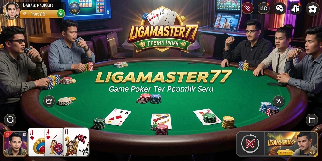 Tangkapan layar gameplay LIGAMASTER77 menunjukkan pemain sedang bermain poker dengan antusias.