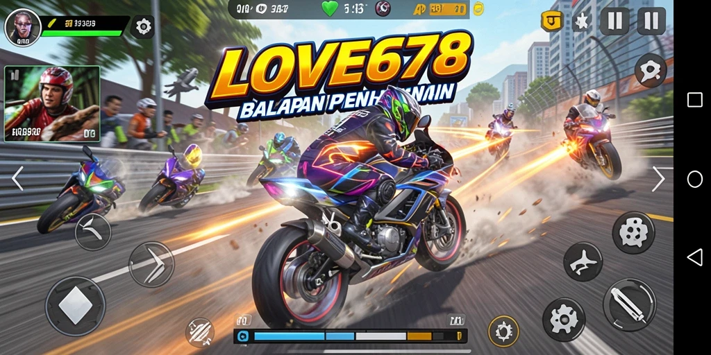 Screenshot gameplay LOVE678 yang penuh aksi balapan motor.