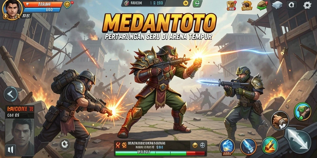 Screenshot gameplay MEDANTOTO menampilkan pertarungan mendebarkan antara karakter di arena.