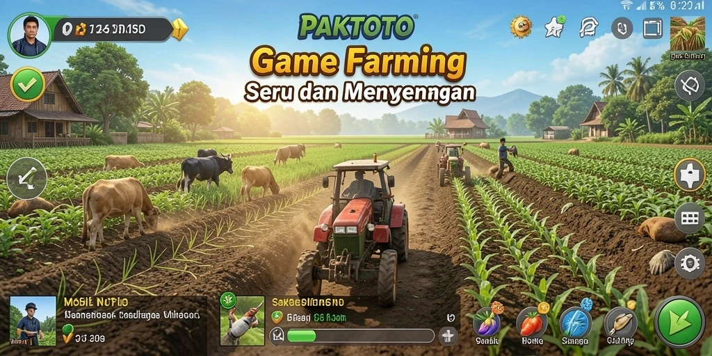 Tampilan gameplay PAKTOTO dengan ladang hijau dan hewan ternak.