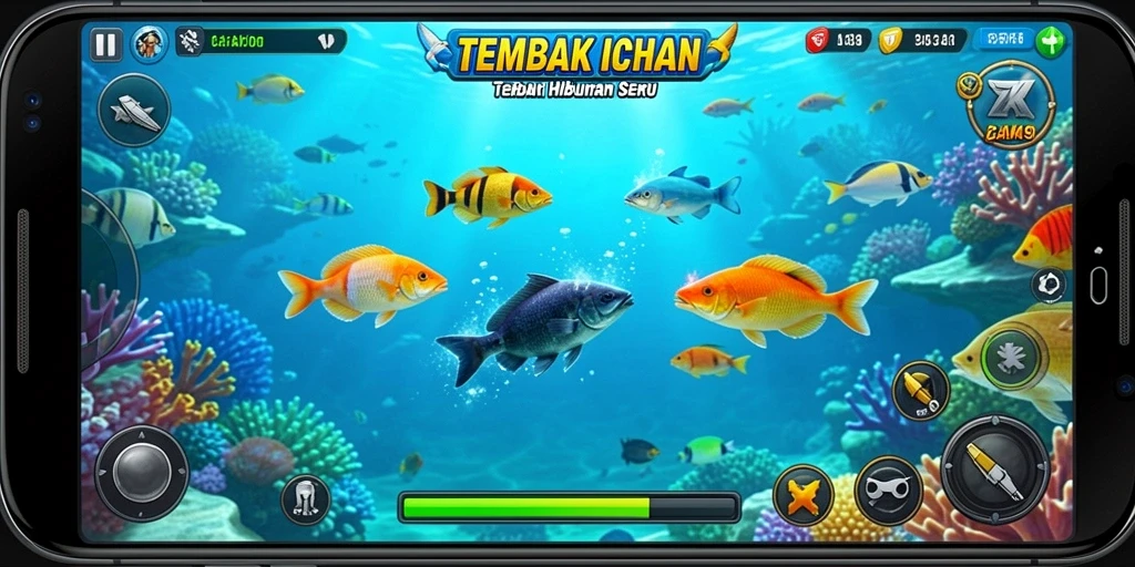 Tampilan gameplay seru dengan ikan-ikan berwarna-warni yang menunggu untuk ditembak.